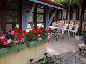 patio z kwiatami, stołem i krzesłami w obiekcie Peaceful Apartment in Baden W rttemberg with Balcony w mieście Bernau im Schwarzwald