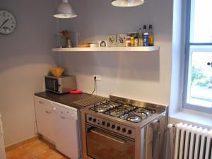 a kitchen with a stove and a microwave at G te with friends room in stately villa with pool and parkgarden in Valréas