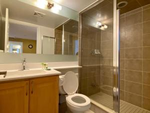 a bathroom with a shower and a toilet and a sink at Executive Furnished Properties - Mississauga in Mississauga
