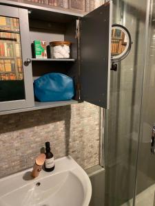 a bathroom with a sink and a shower and a mirror at Taigh Neonach in Watten