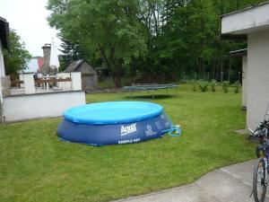 ムラデー・ブキにあるSerene Holiday Home in Mlad Buky with small pool Trampoline Skiing Nearbyの庭の芝生に座る青トランポリン