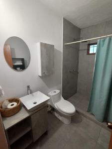 a bathroom with a toilet and a sink and a shower at Departamentos San Javier Guanajuato in Guanajuato