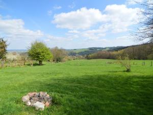 a field of green grass with a fire pit at Authentic cottage nearby a beautiful forest in Lierneux