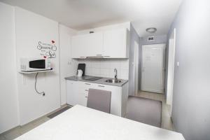 małą białą kuchnię ze zlewem i kuchenką mikrofalową w obiekcie Apartment Sven w mieście Vinkovci