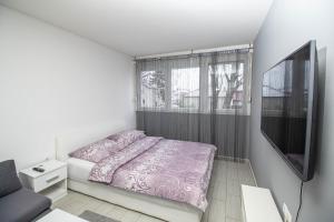 a bedroom with a bed and a flat screen tv at Apartment Sven in Vinkovci