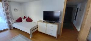 una pequeña sala de estar con TV y sofá en Ferienwohnung Evi, en Wald am Arlberg