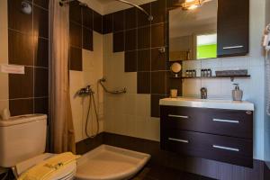 une salle de bain avec toilettes, lavabo et miroir dans l'établissement Finikas Studios, à Adamas 50 autres photos