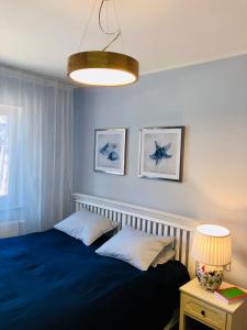 um quarto com uma cama azul e um candeeiro em Apartament by Karol em Międzywodzie