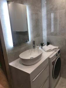 a bathroom with a sink and a washing machine at Apartament Nowodworska in Elblag