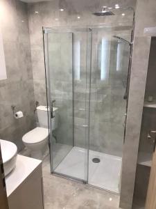 a bathroom with a shower and a toilet at Apartament Nowodworska in Elblag