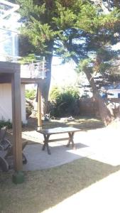 een picknicktafel in een tuin met een boom bij Appart 53 m2 en Rdc maison, jardin, à 50 m plage in La Turballe