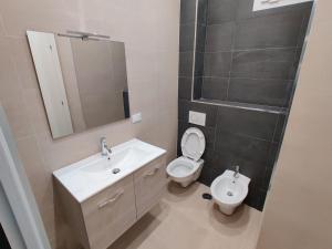a bathroom with a sink and a toilet and a mirror at Bilocale incantevole a Barletta - Puglia in Barletta