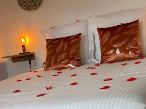 una cama con pétalos de rosa rojo sobre ella en JOLIE APPARTEMENT, en Apt