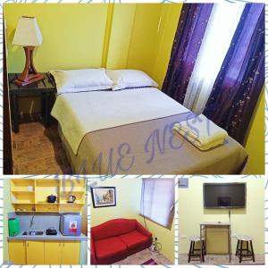 two pictures of a bedroom with a bed and a desk at bluenest apartment in Manila