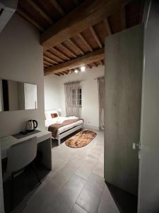 ein Schlafzimmer mit einem Bett und einem Schreibtisch in einem Zimmer in der Unterkunft Casa Carducci 33 in Pisa
