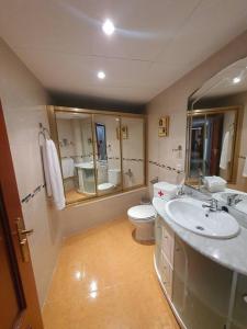 uma casa de banho com um lavatório, um WC e um espelho. em Apartamento Ribera Real II em Córdoba