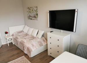 a small bedroom with a bed and a flat screen tv at Baltic30 in Krien