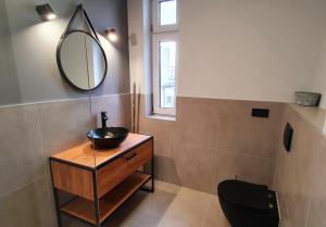 łazienka z umywalką i lustrem na stole w obiekcie GRYF Apartamenty Holiday Family w Szczecinie +29 zdjęć