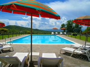 una piscina con sedie e ombrelloni e una piscina di Beautiful apartment with private terrace and panoramic swimming pool a Parnacciano