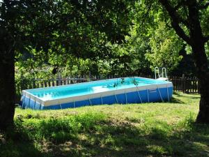 サン・マルチェッロ・ピストイエーゼにあるPeaceful chalet with private poolの木の横の芝生に座る青い船