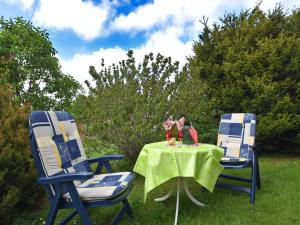 two chairs and a table with a green table cloth at Holiday home with terrace in the Harz Mountains in Güntersberge