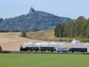 a steam train traveling down the tracks in a field at House with the pool and fenced garden in Hnanice