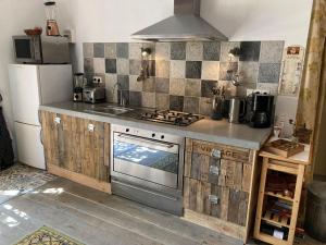 een keuken met een fornuis en een koelkast bij Heritage cottage near the forest in Frontenay-sur-Dive