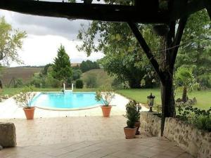 una piscina en un patio con macetas en Charming holiday home with private pool en Monfort