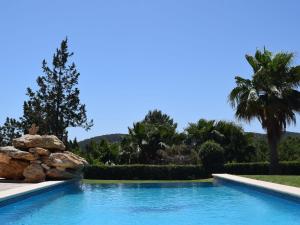 una piscina en un patio con una palmera en Belvilla by OYO Can Cova, en Sant Josep