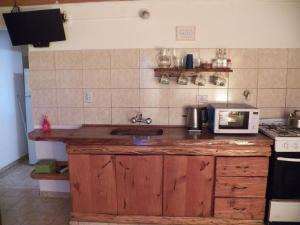 cocina con fregadero y microondas en Apart HAKUNA en Villa Pehuenia
