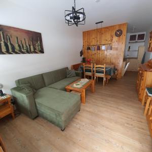 sala de estar con sofá verde y mesa en Appartamento Piano terra - Marmolada - Rocca Pietore - Boscoverde en Rocca Pietore