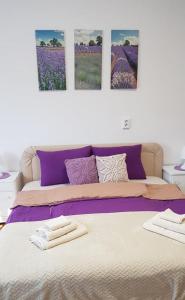 a bed with two pictures on the wall above it at Rózsa apartman in Odorheiu Secuiesc