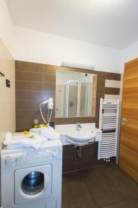 een badkamer met een wastafel en een wasmachine bij Casa Tomaselli in Pellizzano