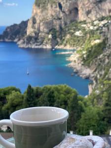 a coffee cup sitting on a table with a view of the ocean at Roberhouse Tragara 37 in Capri