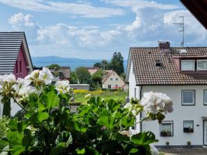 ノネンホルンにあるFerienwohnung Dollの白い家と花の集落の景色