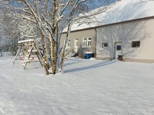 a snow covered yard with a tree and a building at Cozy Holiday Home in Neuendorf with Garden in Neuendorf