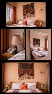 two pictures of a bedroom with two beds and a lamp at Silk Road Hotel in Yerevan