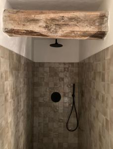y baño con ducha y techo de madera. en Casa Dormiveglia, en Montaldo Bormida