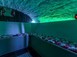 - une rangée de lits dans une chambre avec des lumières vertes dans l'établissement Spacious Cottage in Harz with Garden and Barbecue, à Harzé