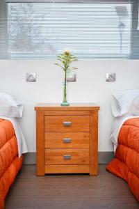a wooden dresser with a plant on it in a bedroom at Casa Vagón Vía Verde de la Sierra in Olvera