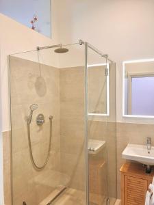 a shower with a glass door in a bathroom at Galeriestudio - Zentral in Gmund in Gmund am Tegernsee