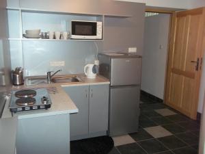eine kleine Küche mit Spüle und Kühlschrank in der Unterkunft Dwór w Boleniu in Bolen