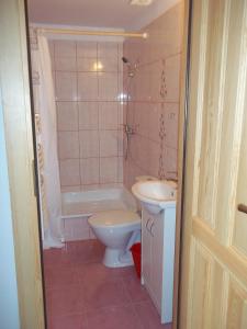 a bathroom with a toilet and a tub and a sink at Dwór w Boleniu in Bolen