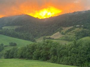 a view of a mountain with the sun setting over the trees at La Collina Zocca in Zocca