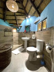 a bathroom with a toilet and a sink at Maramba River Lodge in Livingstone