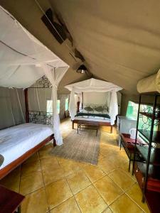 a bedroom with two beds in a tent at Maramba River Lodge in Livingstone