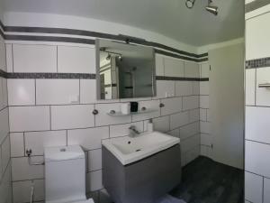 a bathroom with a toilet and a sink and a mirror at Ferienwohnung Sunnenviul in Lennestadt +17 photos