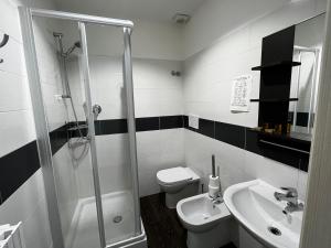 a bathroom with a shower and a toilet and a sink at Villa Tergeste in Trieste