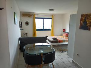 a living room with a couch and a table and a bed at Entre Mer et Montagne, appartement climatisé, vue mer, WIFI in Sainte-Marie