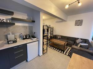 a kitchen and a living room with a couch at Mr. Studio in Ortakoy , North Nicosia + wifi + netflix in North Nicosia
